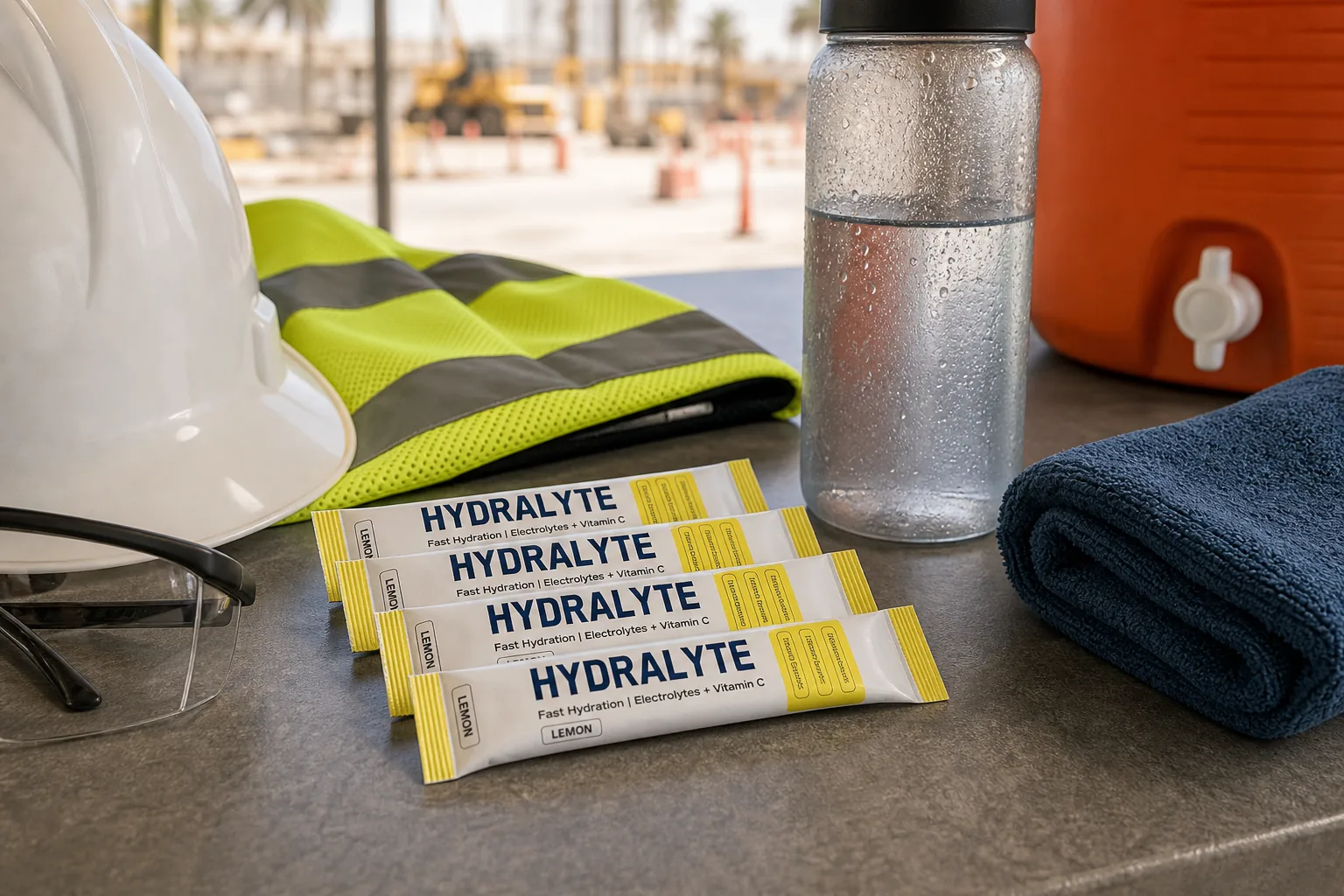 Hydralyte sticks on a UAE outdoor worker rest table