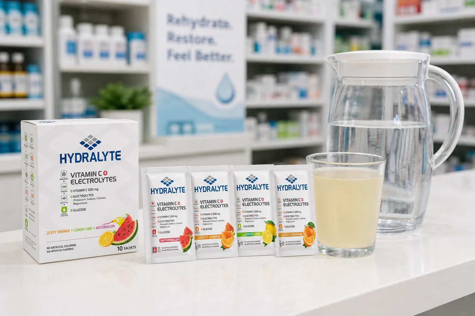 Hydralyte sachets beside a prepared oral rehydration drink and water jug