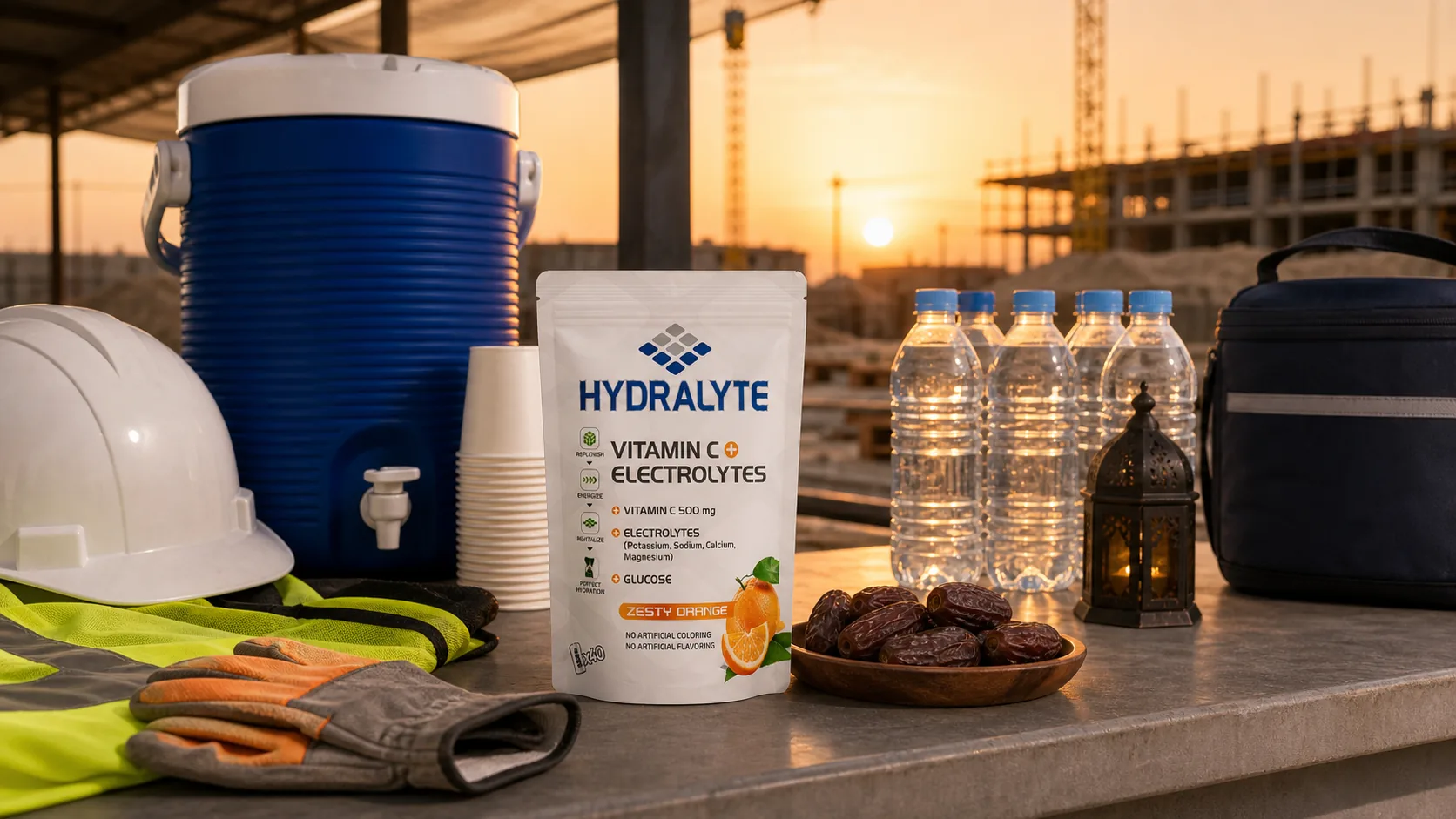 Hydralyte Zesty Orange electrolyte box beside comparison drinks on a neutral counter