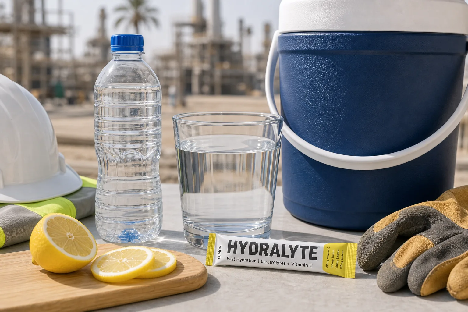 Hydralyte lemon stick pack on an outdoor worker hydration table with water and safety gloves