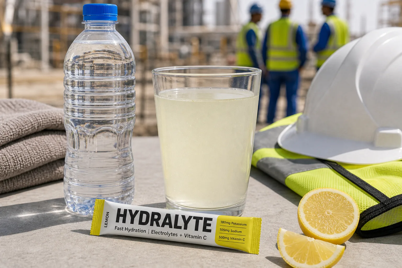 Hydralyte lemon stick pack beside lemon electrolyte drink and recovery towel