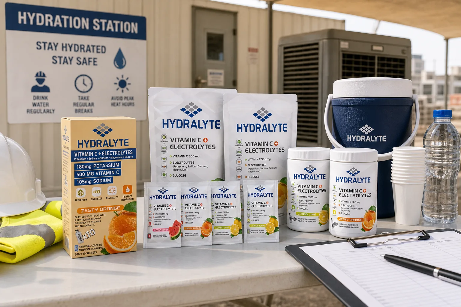 Hydralyte range at a Northern Emirates employer hydration station with cooler and water cups