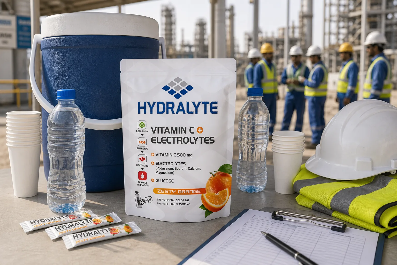 Hydralyte Zesty Orange pouch on a shaded employer welfare table with cooler and water bottles