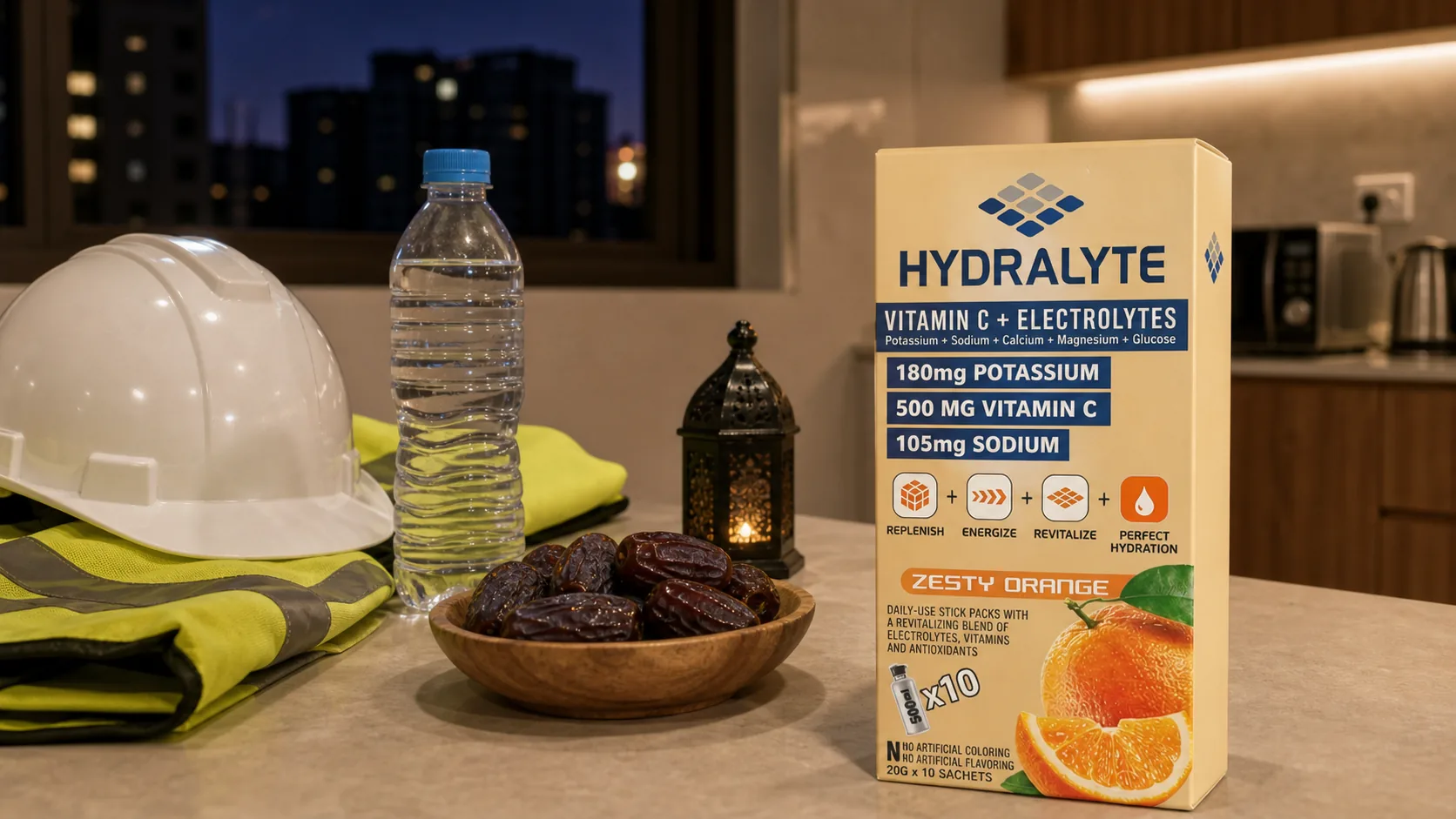 Hydralyte sachet box with Ramadan recovery items for UAE construction workers