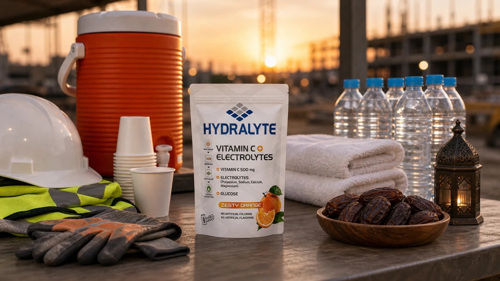 Hydralyte products in an outdoor worker Ramadan hydration rest area