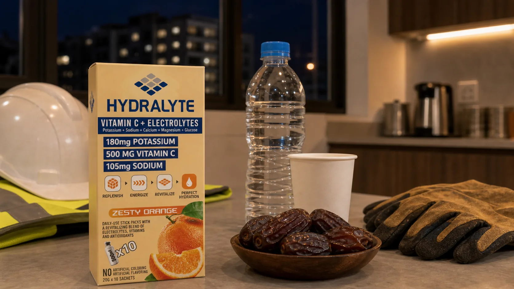 Hydralyte sachet box with water and dates for outdoor worker Ramadan hydration