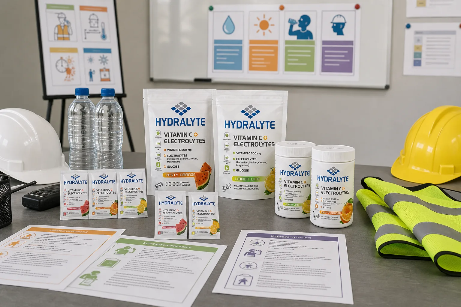 Hydralyte range on a UAE heat safety briefing table