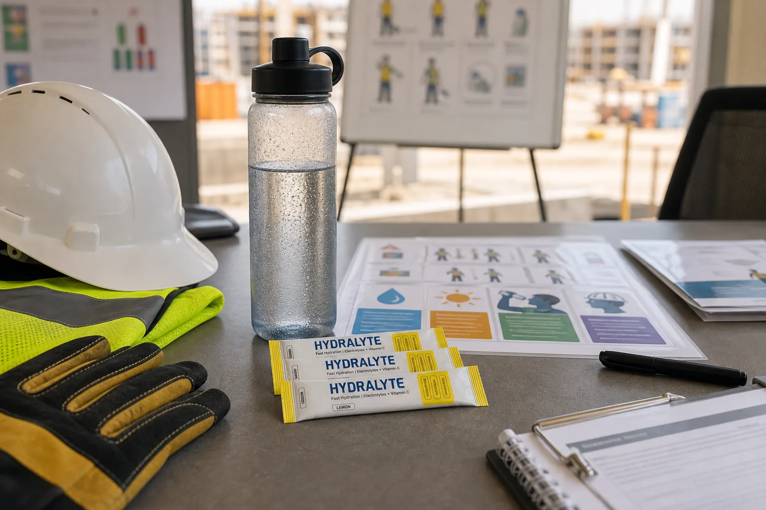 Hydralyte sticks beside UAE heat safety briefing materials