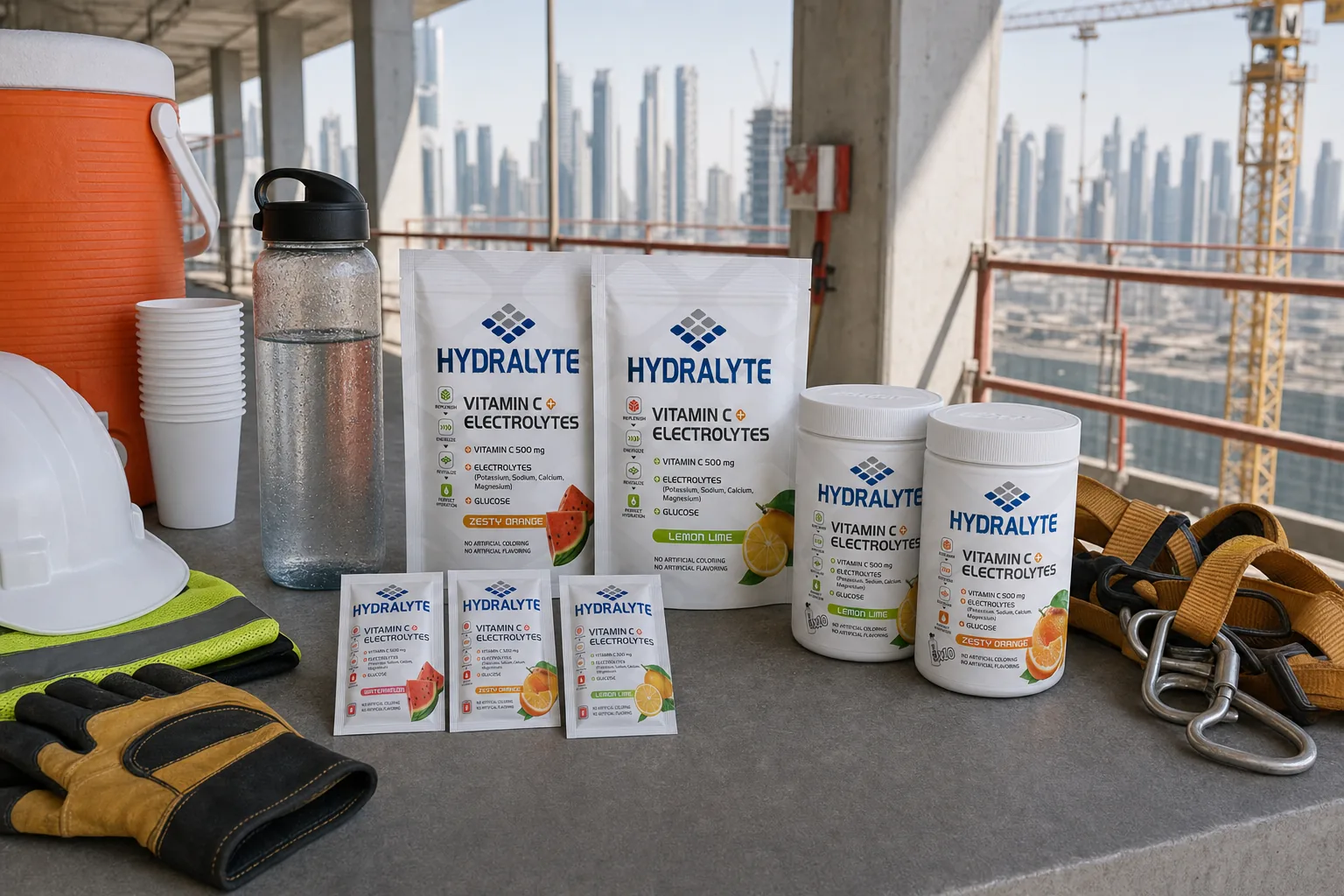 Hydralyte range at a high-rise UAE construction hydration station