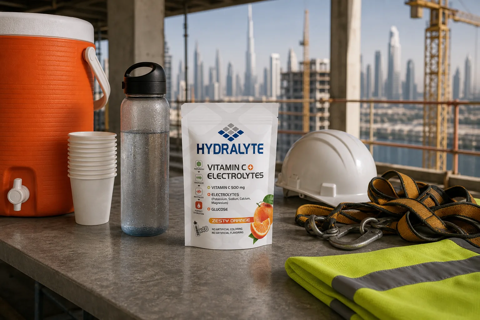 Hydralyte zesty orange pouch at a high-rise UAE construction welfare station