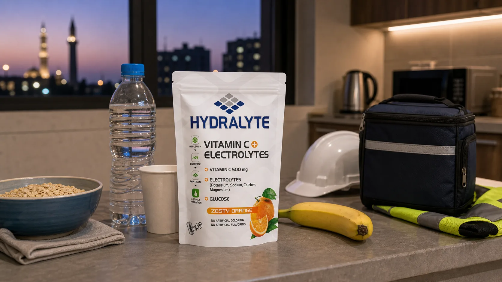 Hydralyte products with suhoor hydration planning items for UAE outdoor workers