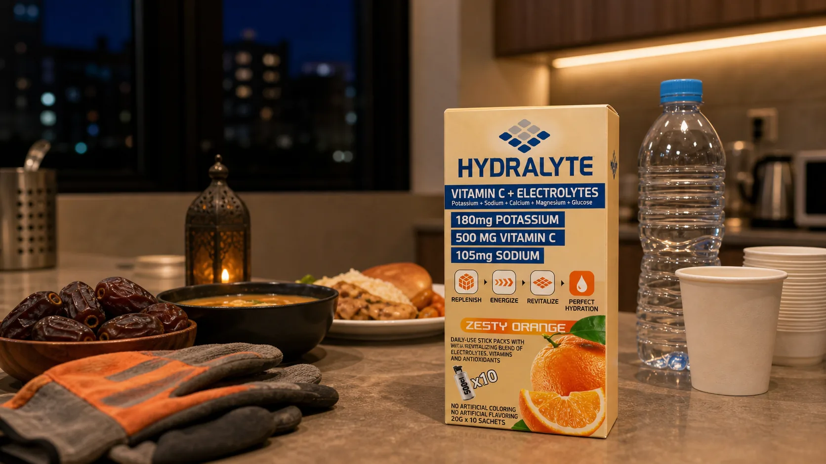 Hydralyte sachet box with iftar recovery hydration items for UAE outdoor workers