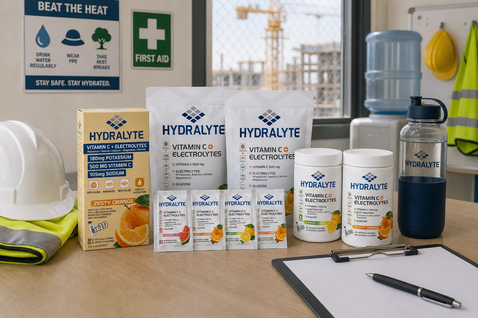 Hydralyte products at a UAE worksite rest station for Ramadan and heat stress risk
