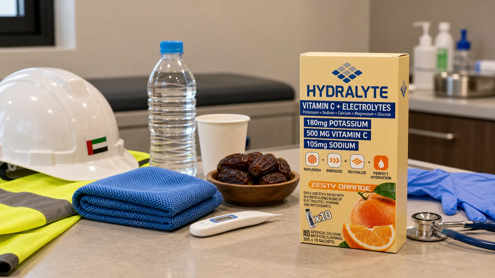 Hydralyte sachet box with site clinic cooling supplies for Ramadan heat stress recovery