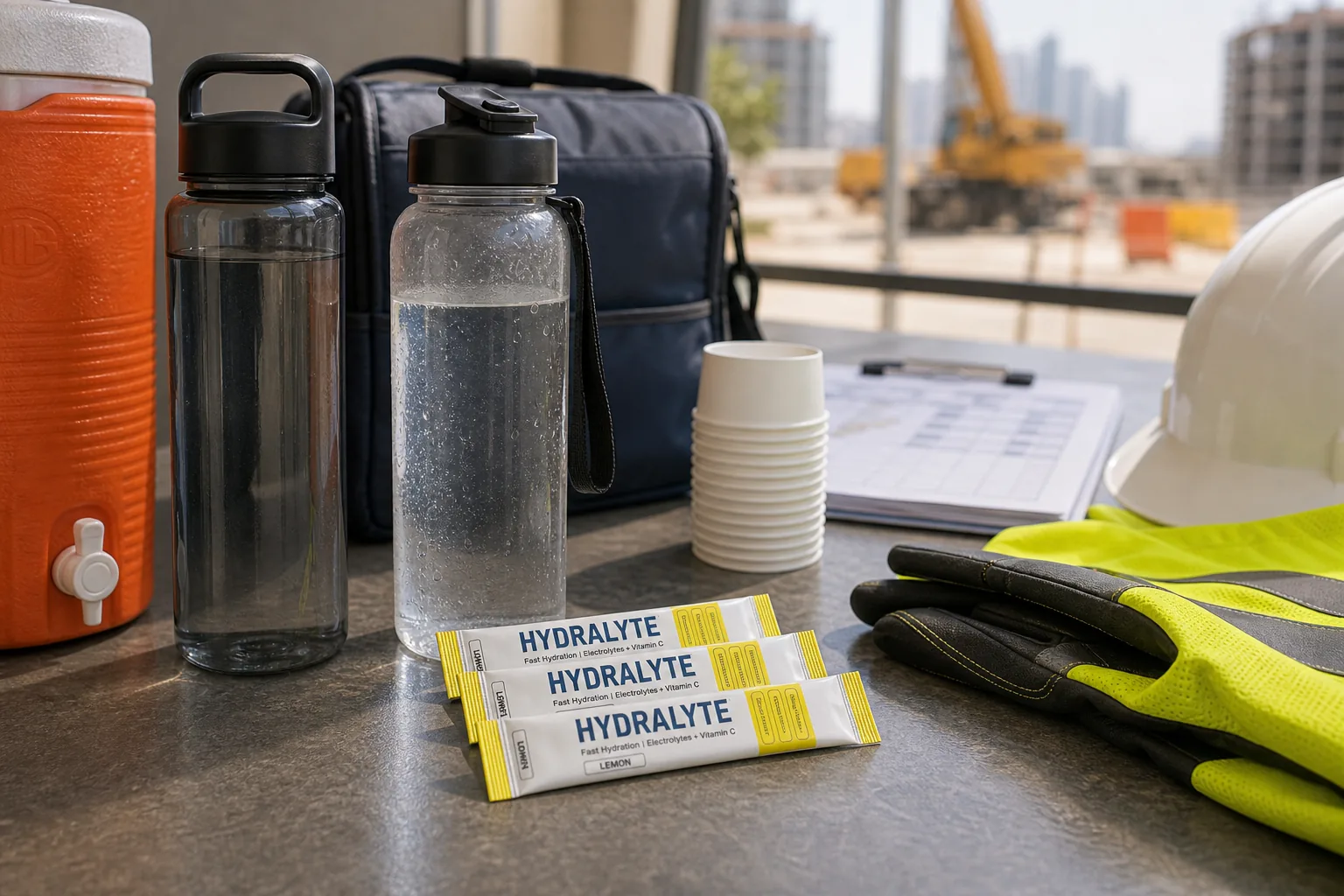 Hydralyte sticks in a UAE staff welfare hydration setup