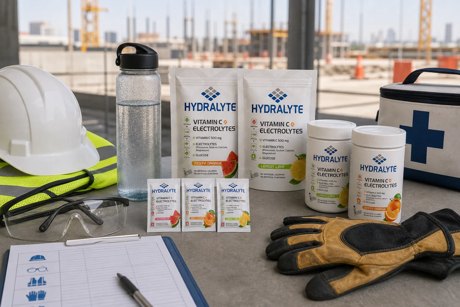 Hydralyte range beside PPE for UAE summer heat safety