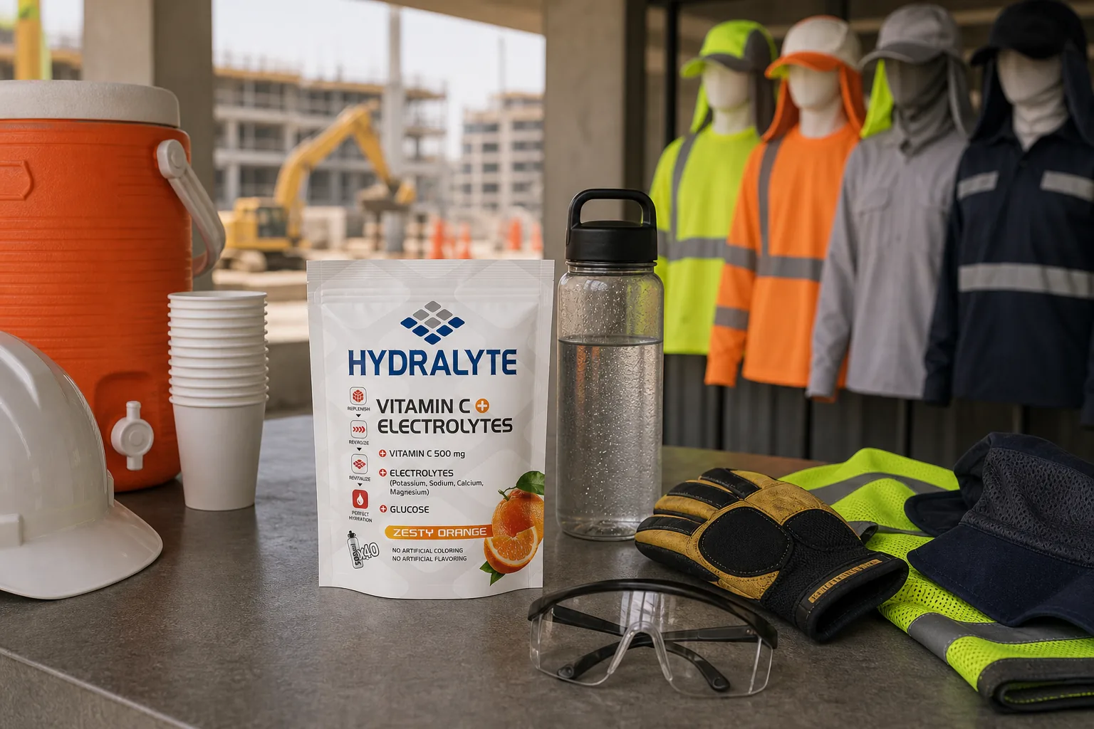 Hydralyte zesty orange pouch beside PPE at a UAE heat safety station