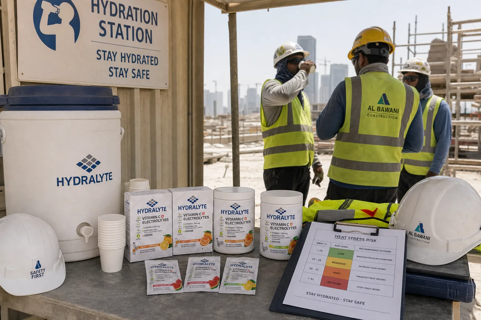 Hydralyte products at a shaded HSE hydration station on a UAE construction site