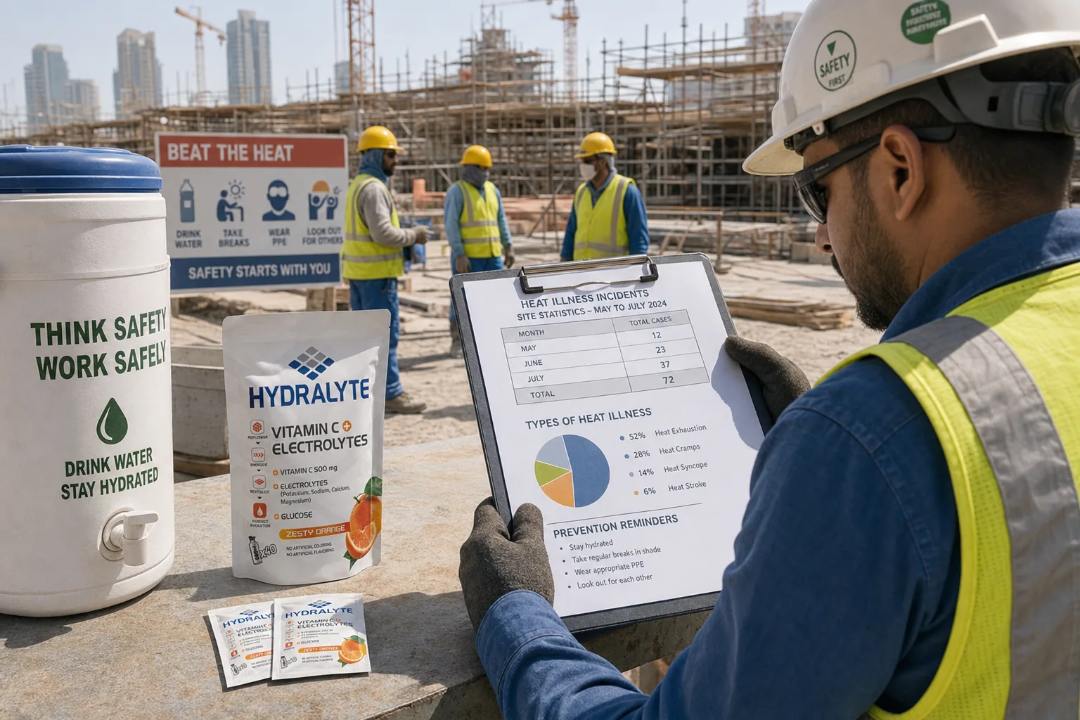 Hydralyte pouch beside heat illness statistics paperwork at a UAE construction site