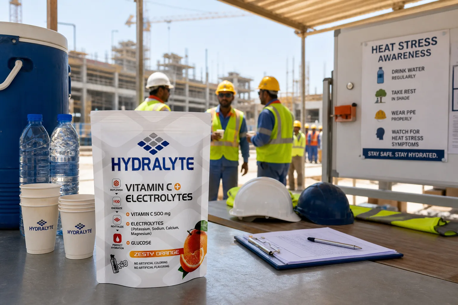 Hydralyte pouch at a UAE construction site hydration station for heat stress program planning