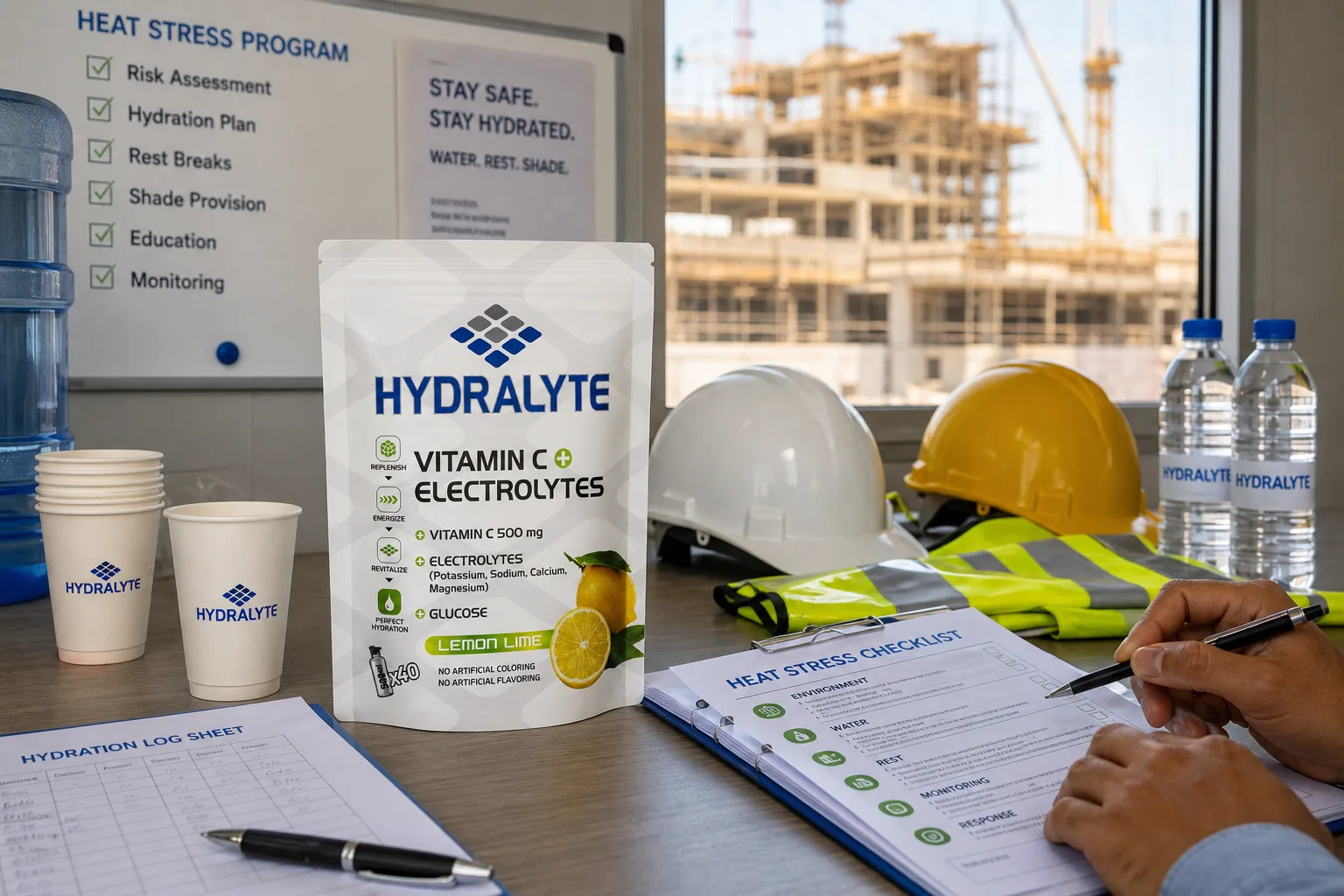 Hydralyte Lemon Lime pouch beside HR heat stress planning checklist and water cups in a UAE site office