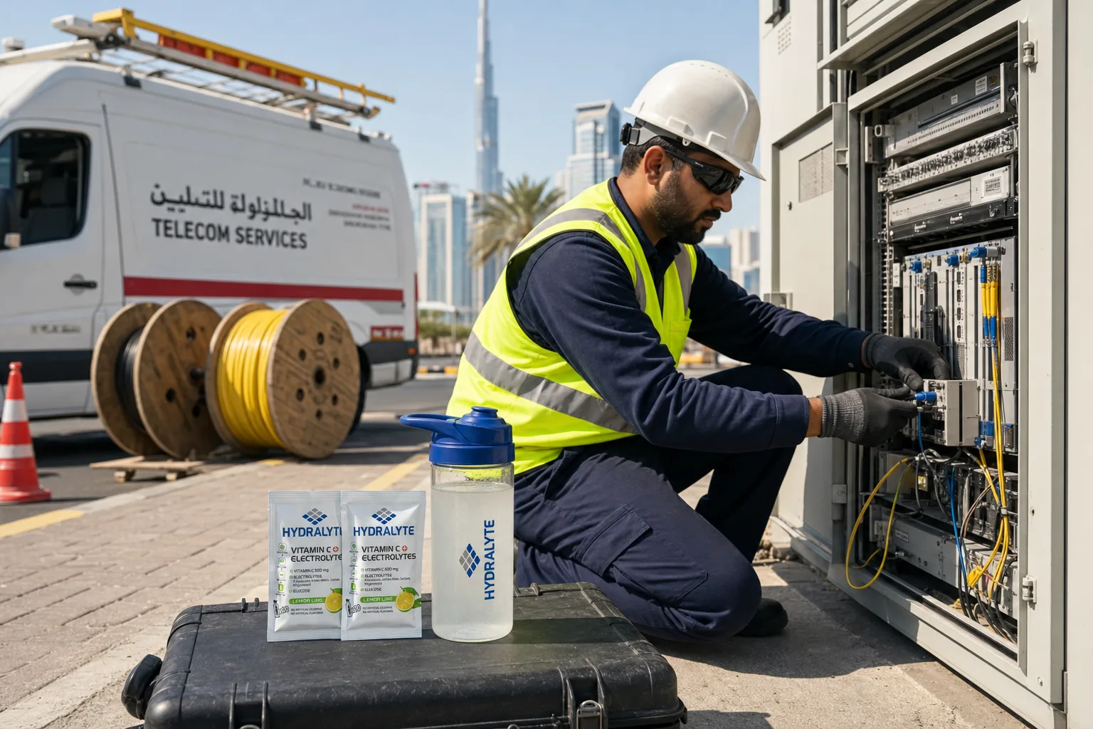 Hydralyte sachets on a telecom engineer tool case during UAE summer field work
