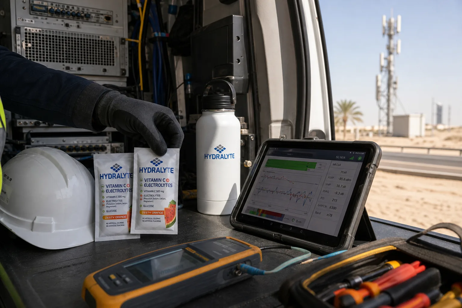 Hydralyte sachets in a telecom service van with field diagnostic equipment