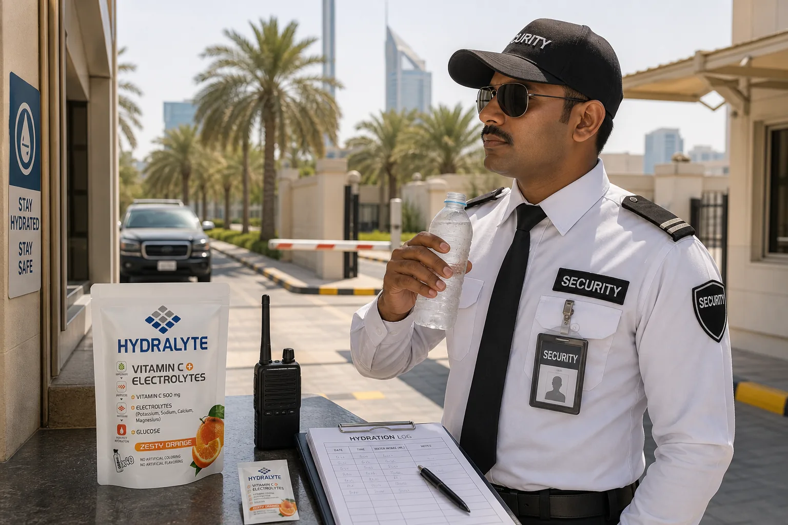 Hydralyte sachets at a shaded UAE security checkpoint during summer heat