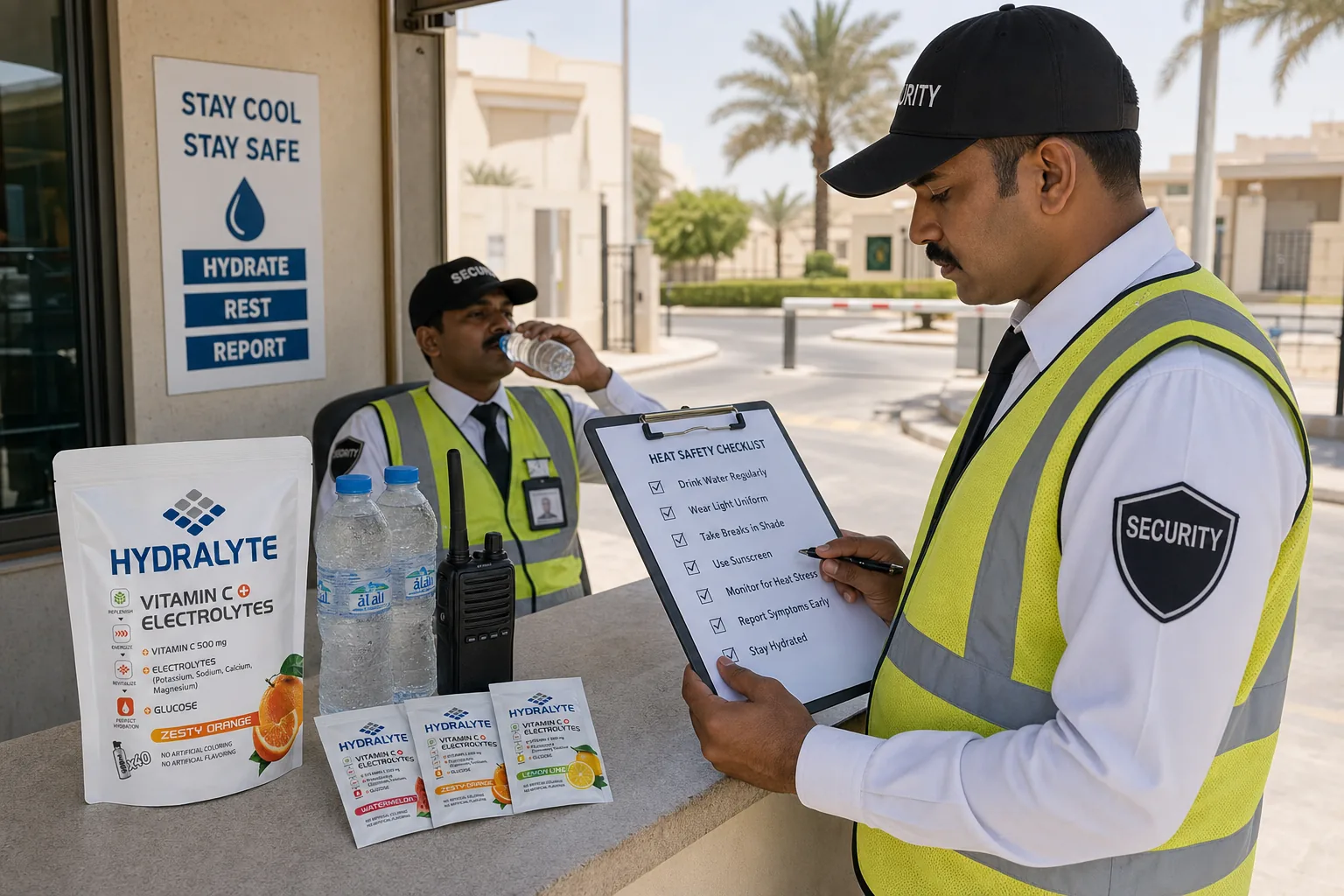 Hydralyte products on a counter during a UAE security guard shift change