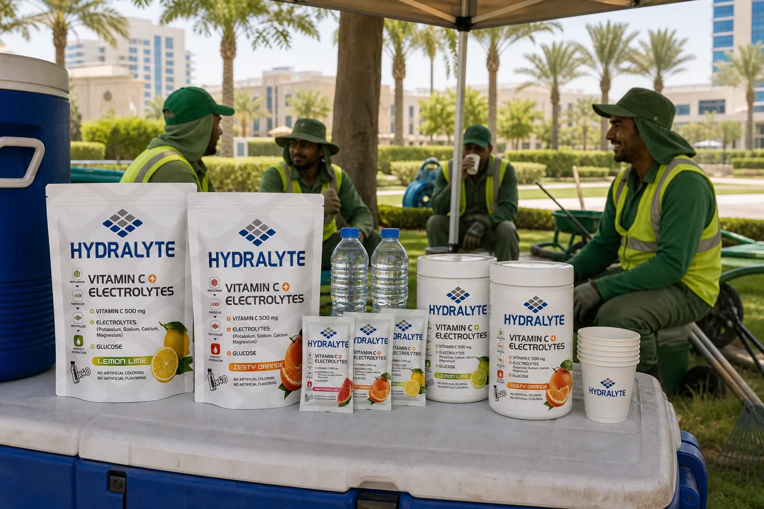 Hydralyte products at a shaded UAE landscaping crew rest station for heat safety