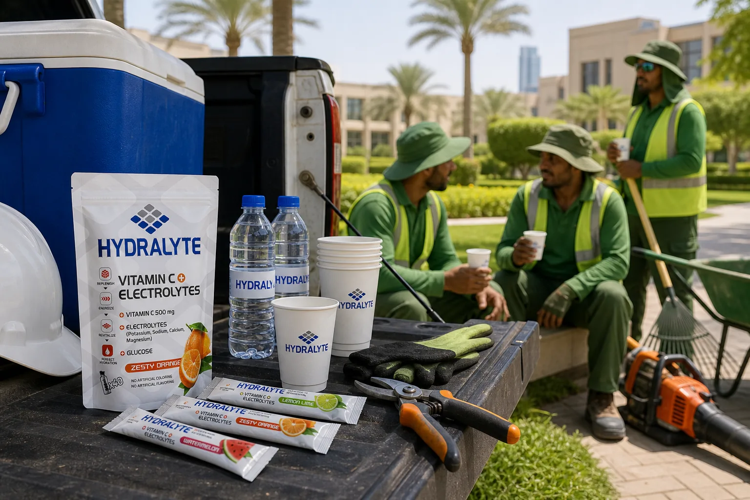 Hydralyte sachets and pouch on a landscaping vehicle tailgate during a UAE heat break