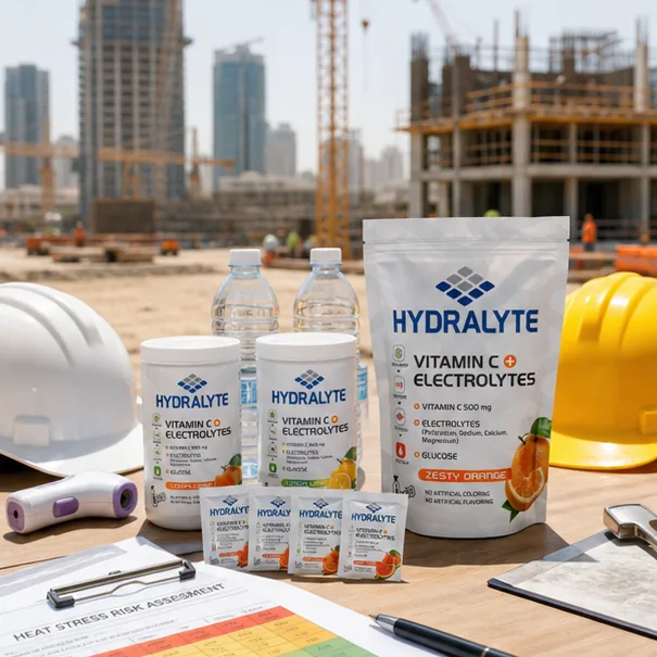 Hydralyte product in professional photo scene for Heat Illness Statistics in UAE Construction Industry