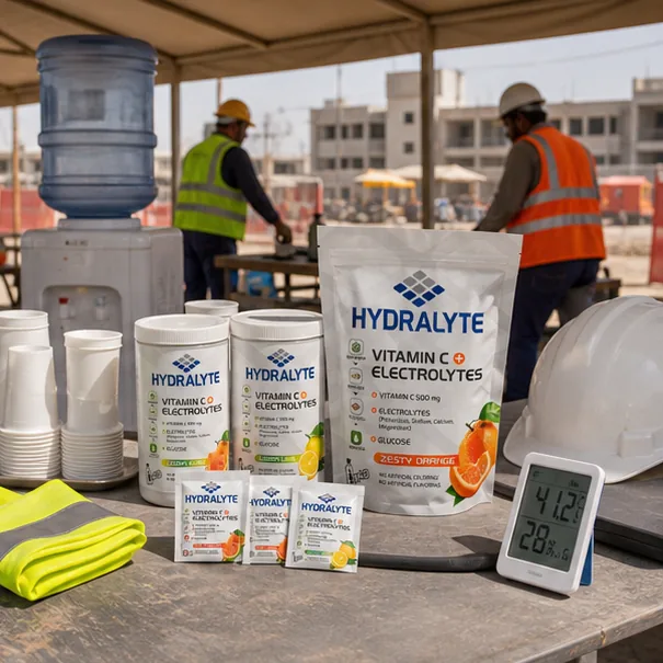 Hydralyte product in professional photo scene for Heat Illness Statistics in UAE Construction Industry