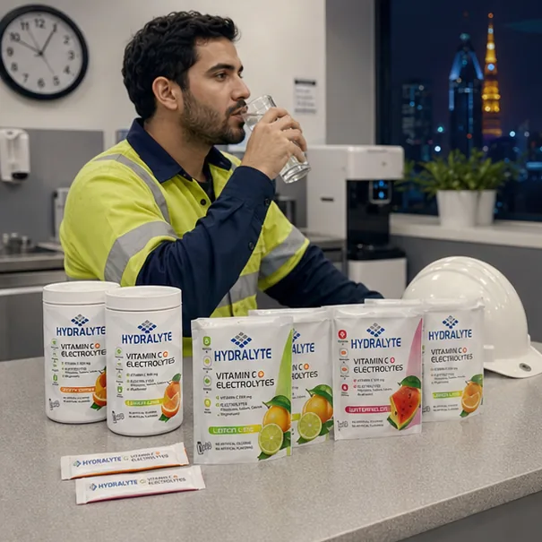 Hydralyte product in professional photo scene for Night Shift Worker Hydration UAE Summer Guide