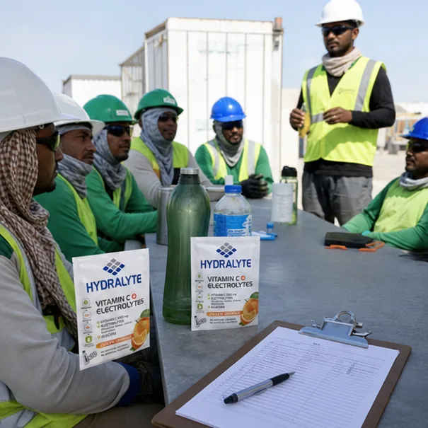 Hydralyte product in professional photo scene for Heat Acclimatization for New Workers UAE Summer