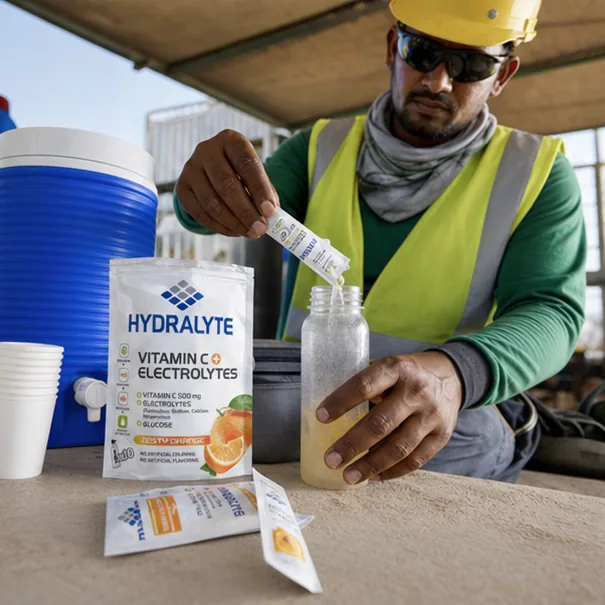 Hydralyte product in professional photo scene for Heat Acclimatization for New Workers UAE Summer
