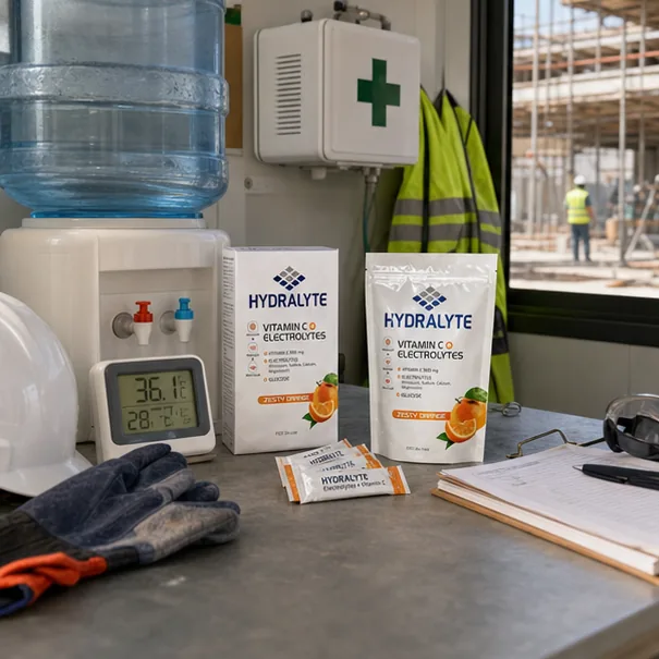 Hydralyte product in professional photo scene for Abu Dhabi Heat Stress Worker Protection Guide