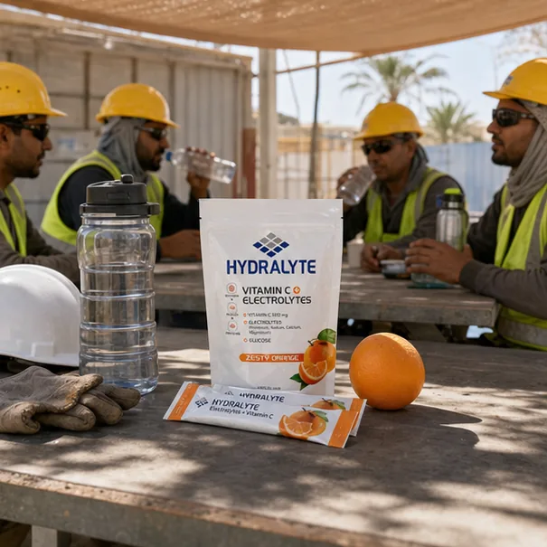 Hydralyte product in professional photo scene for Abu Dhabi Heat Stress Worker Protection Guide