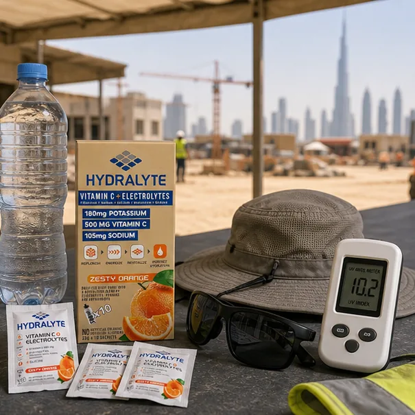 Hydralyte product in professional photo scene for Construction Site Hydration Guide UAE — Complete Program
