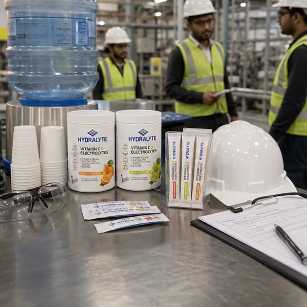 Hydralyte product in professional photo scene for Manufacturing Plant Heat Safety UAE — Employer Guide