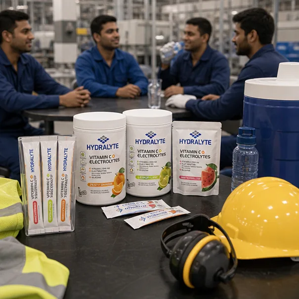 Hydralyte product in professional photo scene for Manufacturing Plant Heat Safety UAE — Employer Guide