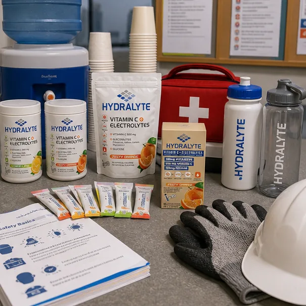 Hydralyte product in professional photo scene for Heat and Hydration in UAE Construction Worker Induction