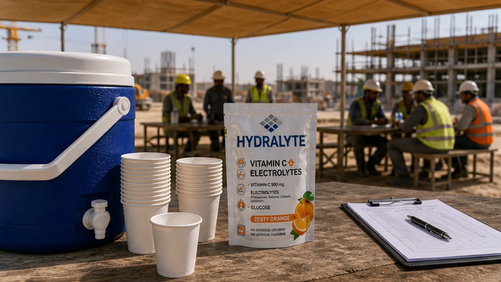 Hydralyte electrolyte drink setup at a UAE worker hydration station