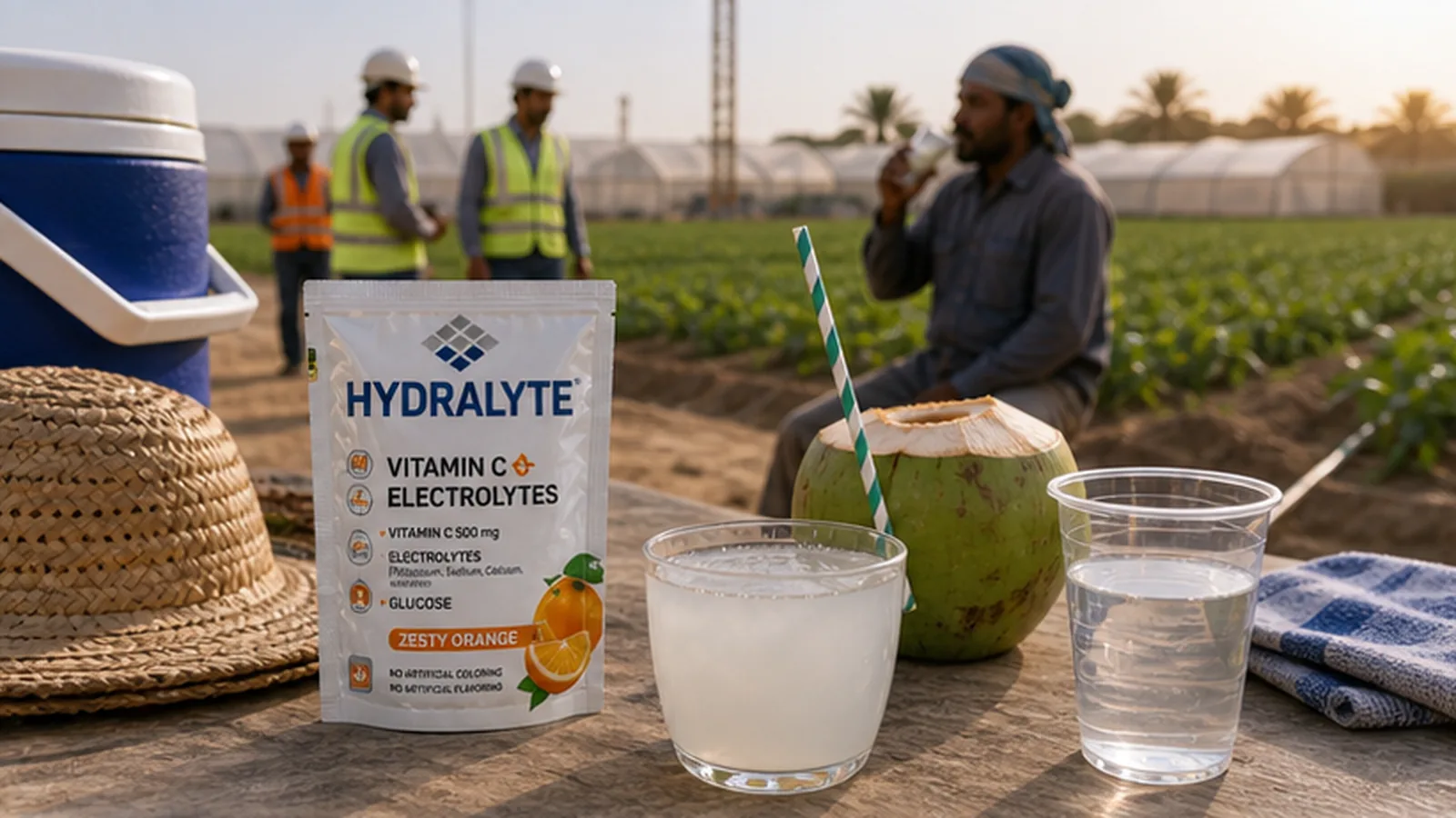 Hydralyte electrolyte drink compared naturally with coconut water at a UAE worksite