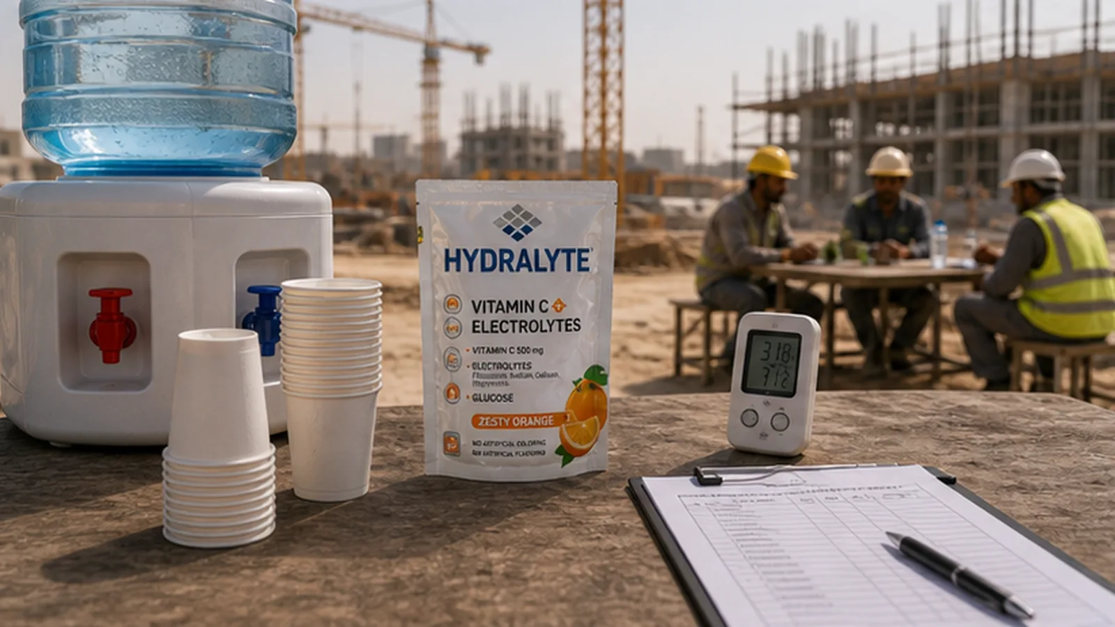 Hydralyte sachets on a hydration schedule table for UAE summer workers