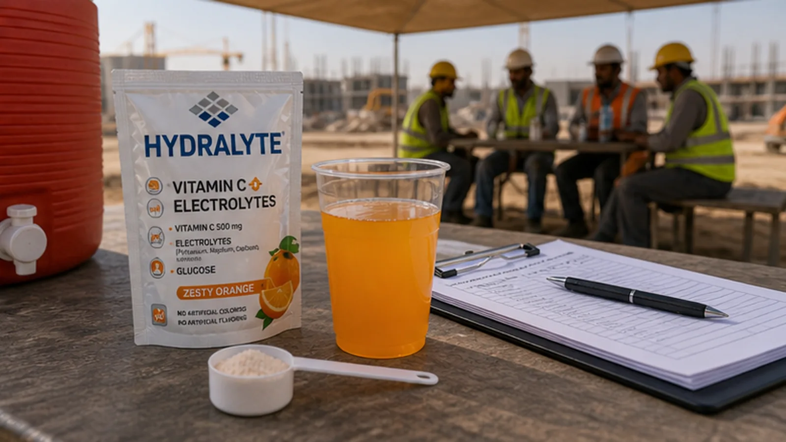 Hydralyte sachet being mixed into water for a UAE worker hydration break