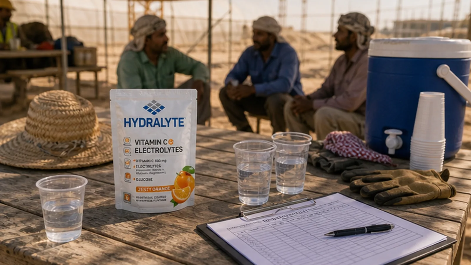 Farm rest station with Hydralyte sachets and water for UAE agricultural workers