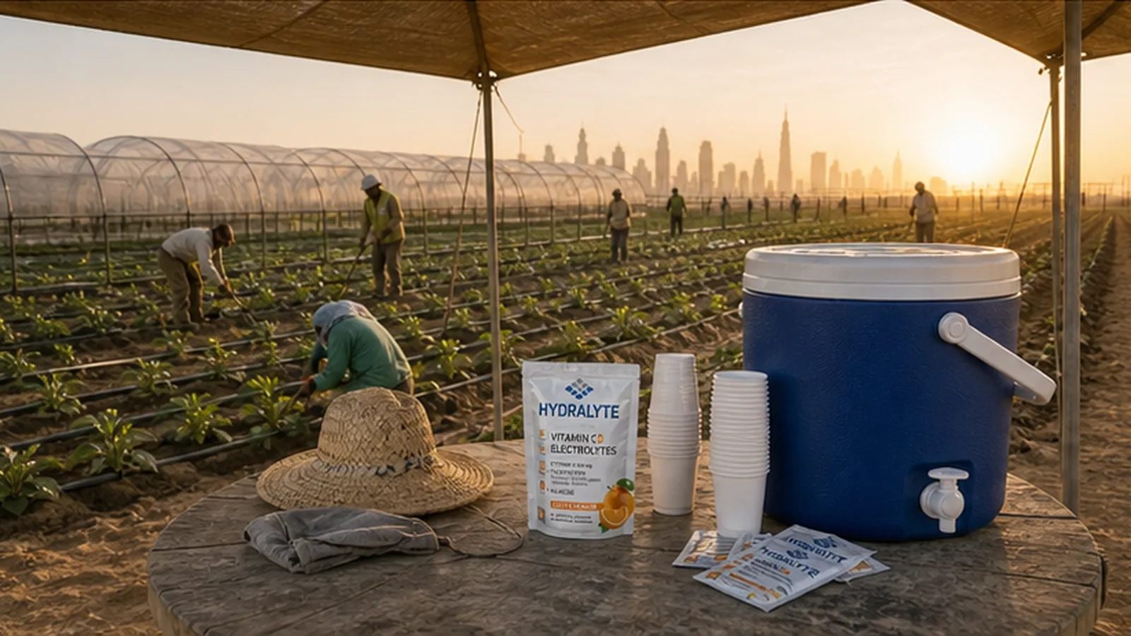 Agricultural worker hydration UAE summer welfare station scene