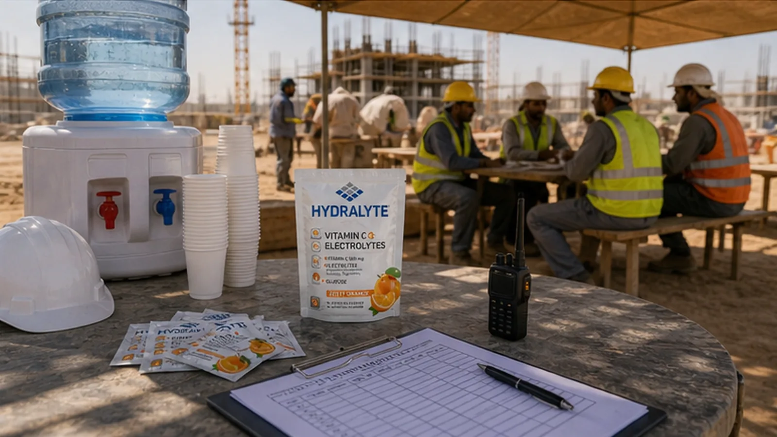 Hydralyte sachets beside a water dispenser at a UAE construction welfare station
