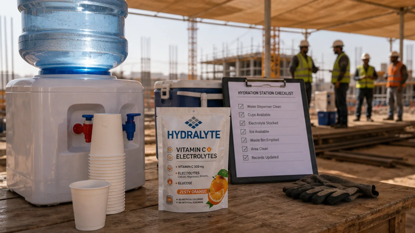 Water quality check and Hydralyte sachets at a UAE outdoor worker hydration table